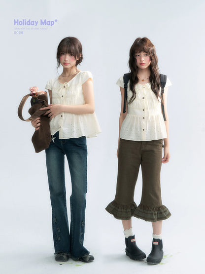 "Vintage Ribbon" Beige Bow Tie Lace Trim Blouse