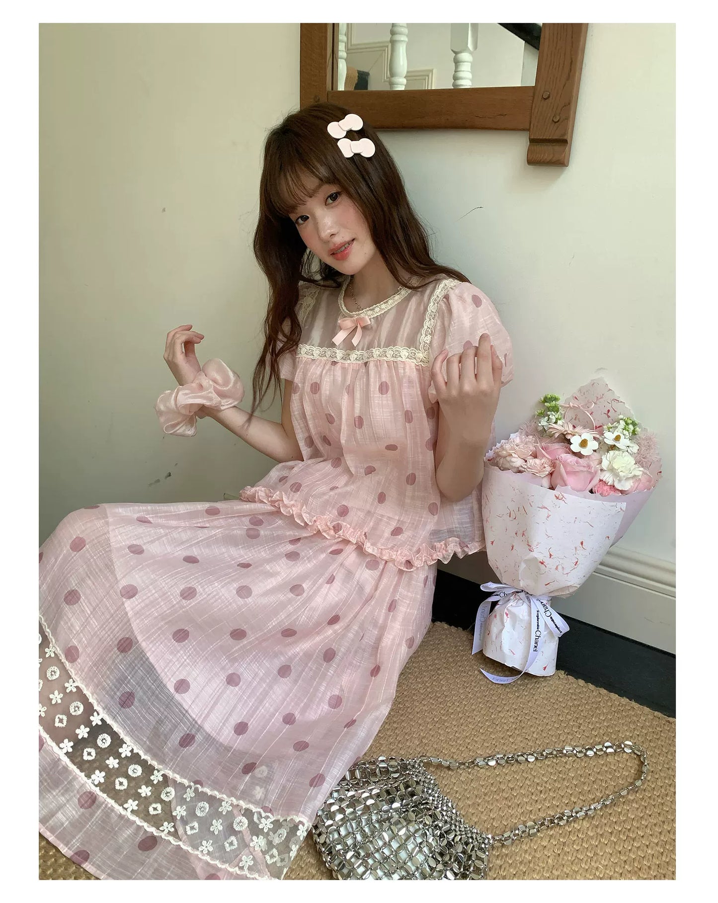 [RF] “Peach Polka Daydream” Pink Polka Dot Two-Piece Skirt Set