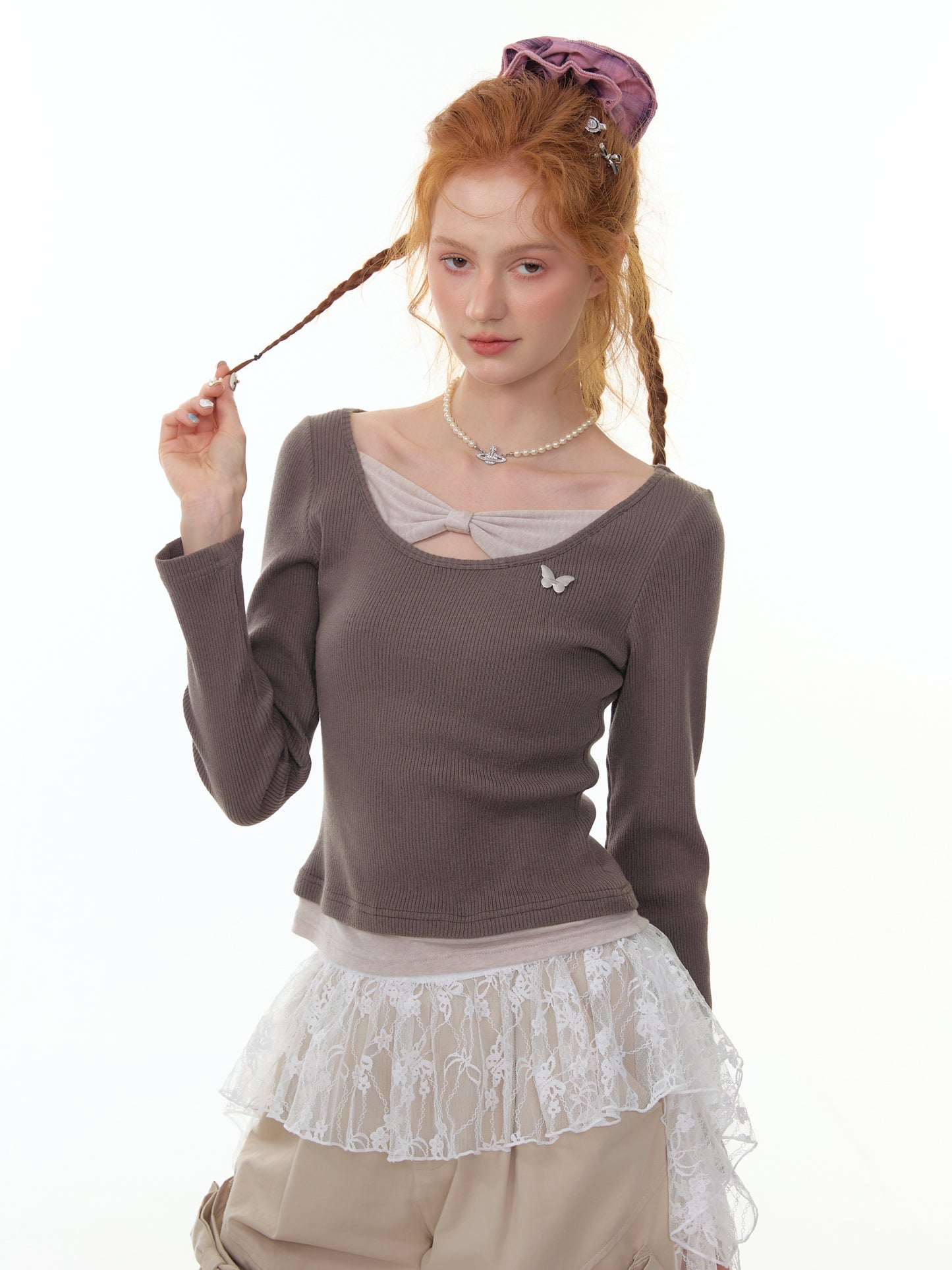 ZiziFei - Double Layered Bow-Knot Contrast Knit Top