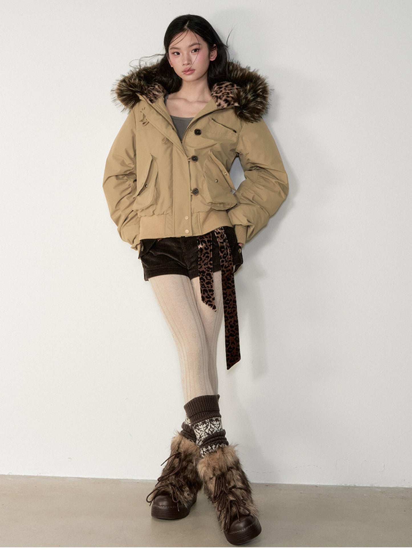 Soote Season - Studded Aviator Hooded Down Jacket with Faux Fur Collar