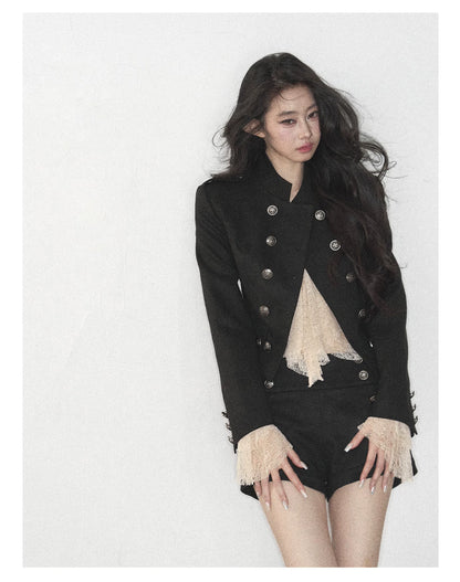 AOMALM - Black Napoleon-Style Jacket & Shorts Set with Milk Tea Top