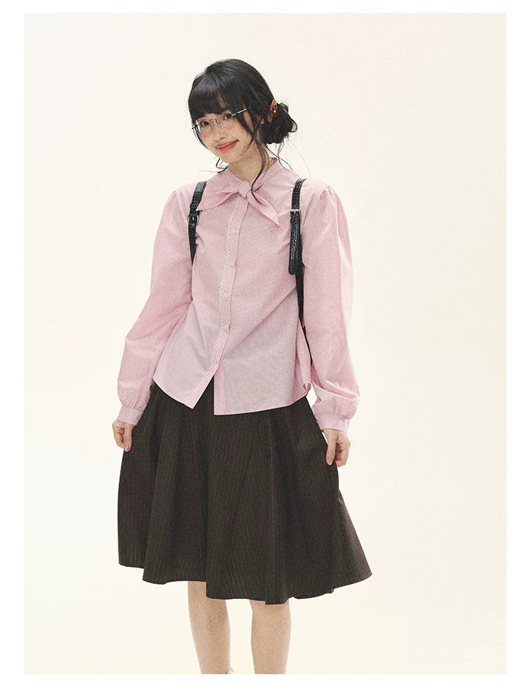 "Blush Poetry" Pink Stripe Cotton Bow Blouse
