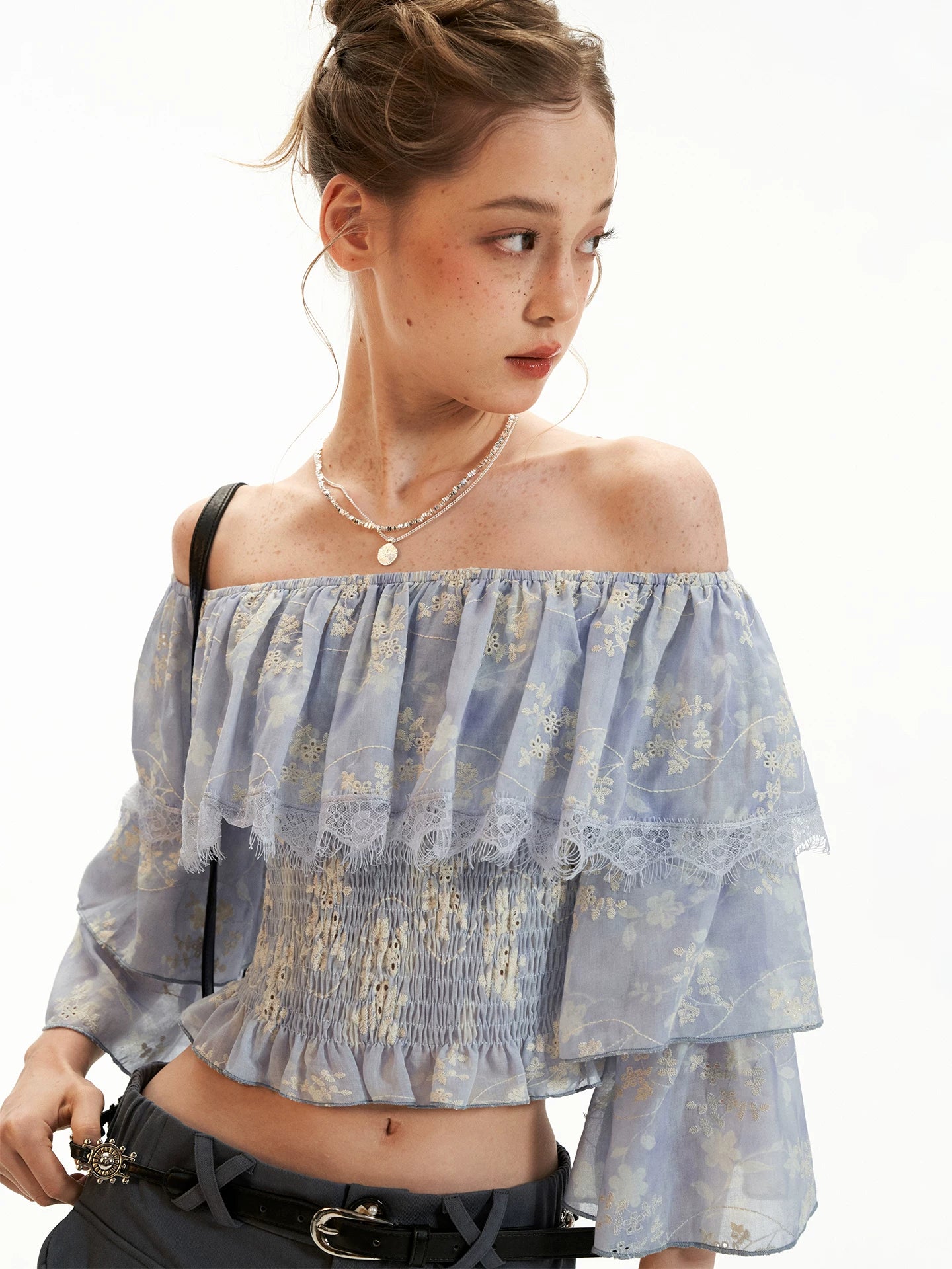 Lavender Floral Off-Shoulder Ruffle Crop Top