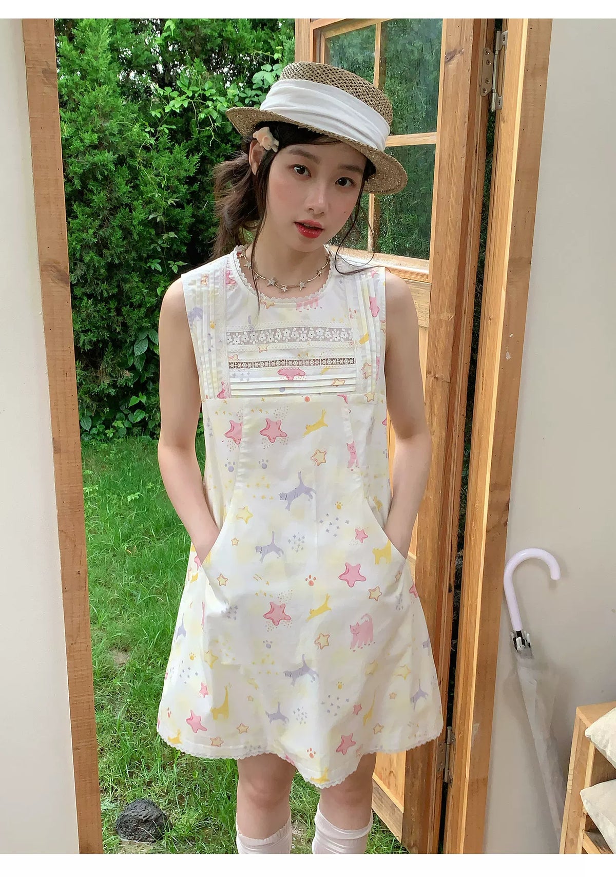 [RF] “Starry Pals” Ivory Animal Print Lace-Trim Sleeveless Mini Dress