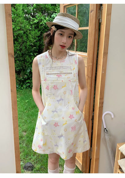 [RF] “Starry Pals” Ivory Animal Print Lace-Trim Sleeveless Mini Dress