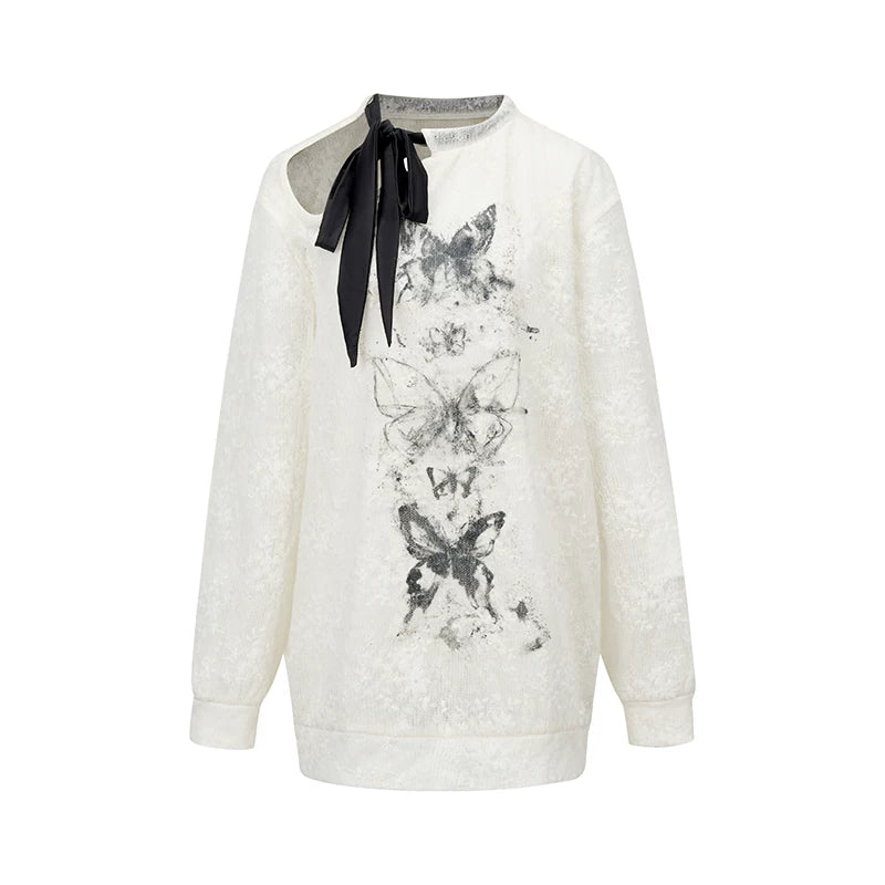 OAKMOO/ Butterfly Contrast Ribbon Mesh Knit Sweatshirt