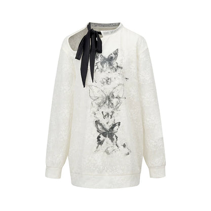 OAKMOO/ Butterfly Contrast Ribbon Mesh Knit Sweatshirt