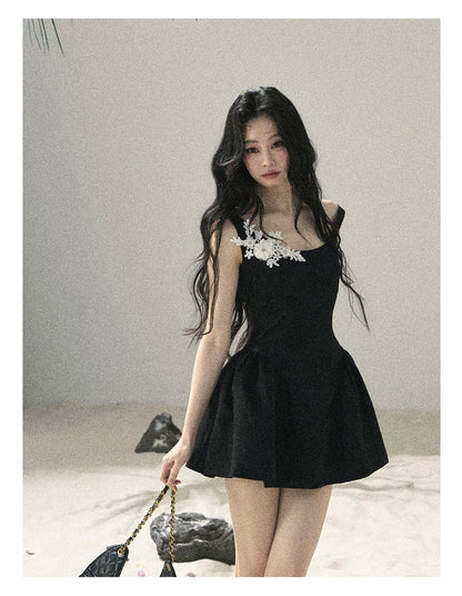 "Wisteria Climbing the Vines" Black Iris Floral Lace Puff Mini Dress 7645