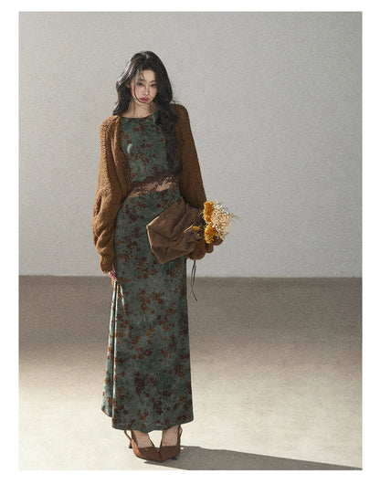 AOMALM - Olive Green Lace Floral Mermaid Maxi Dress
