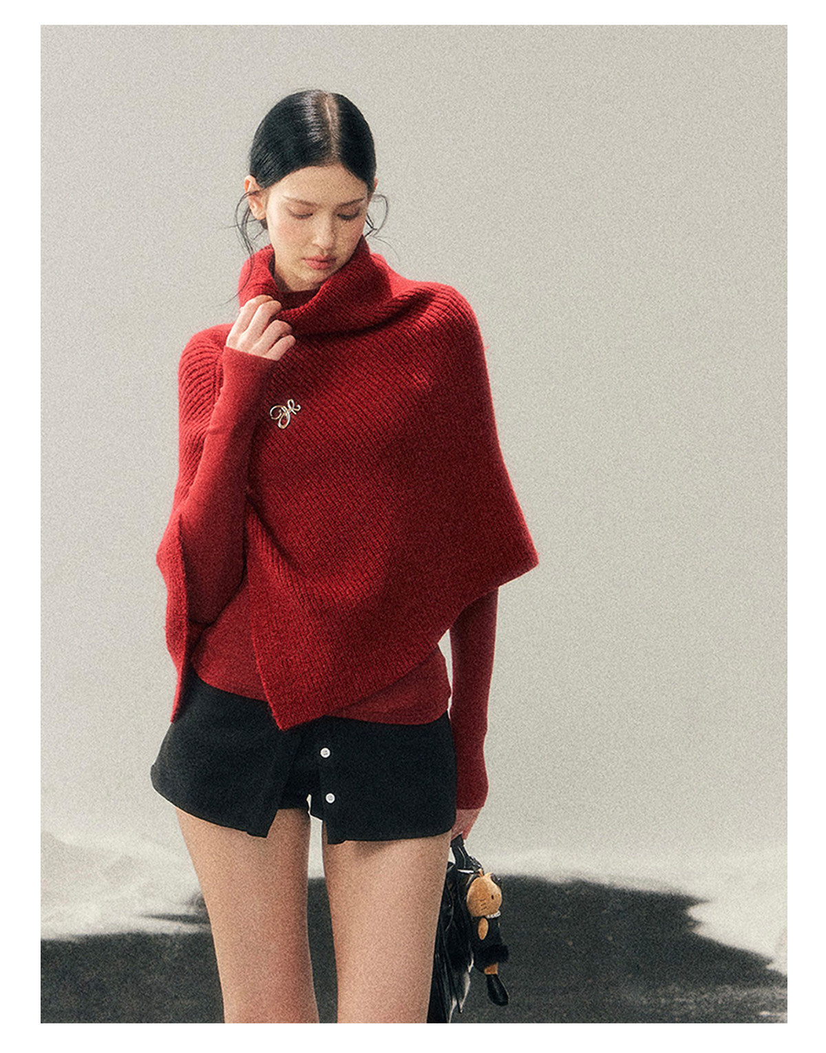 181225 "Late Autumn Ginkgo" Burgundy High-Neck Knit Cape Set
