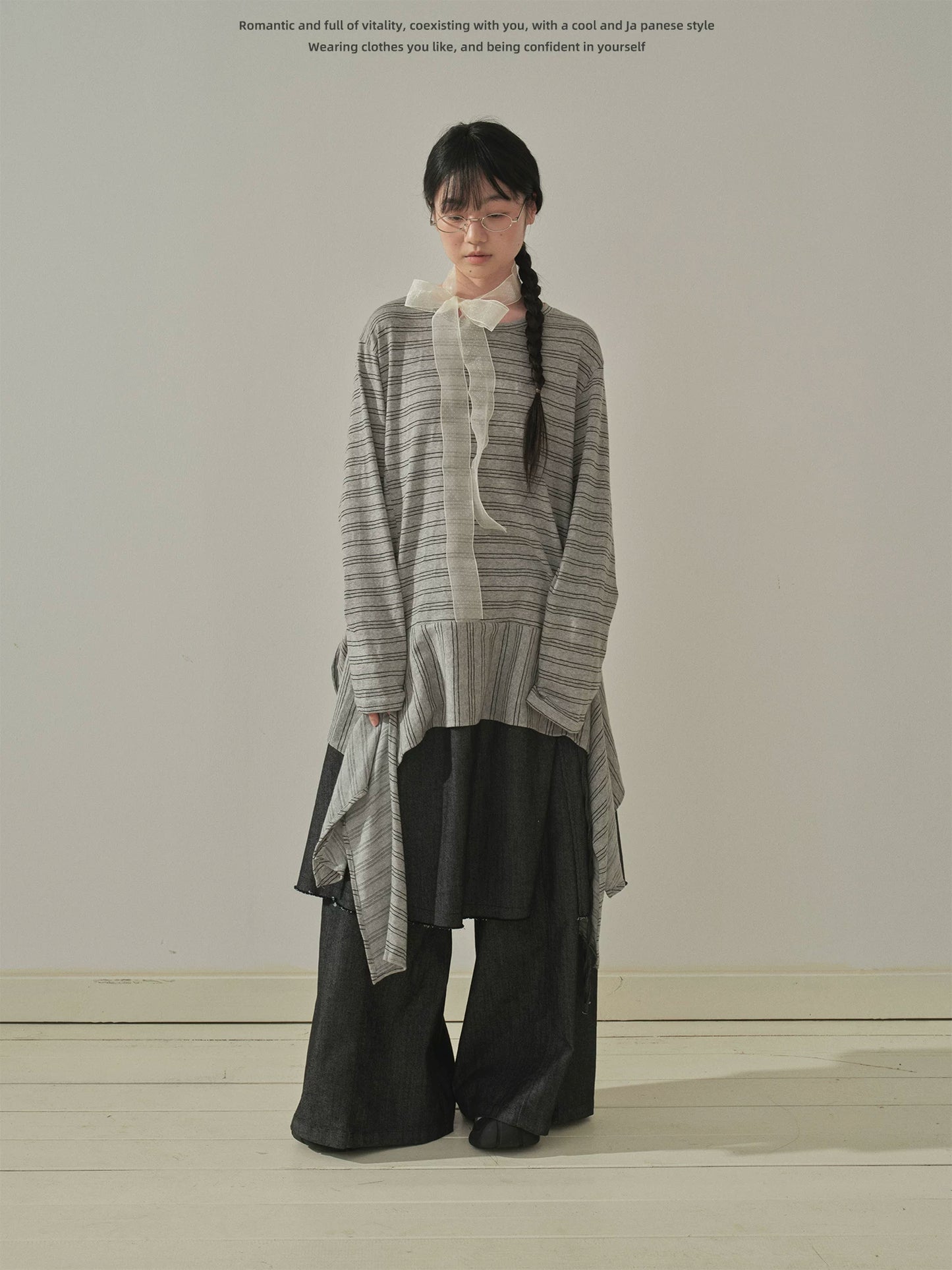"Vintage Rhythm" Asymmetrical Knit Stripe Long Sleeve T-Shirt (Black / Gray)