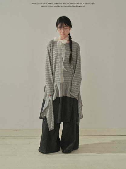"Vintage Rhythm" Asymmetrical Knit Stripe Long Sleeve T-Shirt (Black / Gray)