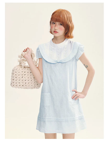 "Sea Salt Fizz" Baby Blue Cutout Embroidered Peter Pan Collar Puff Sleeve A-Line Dress