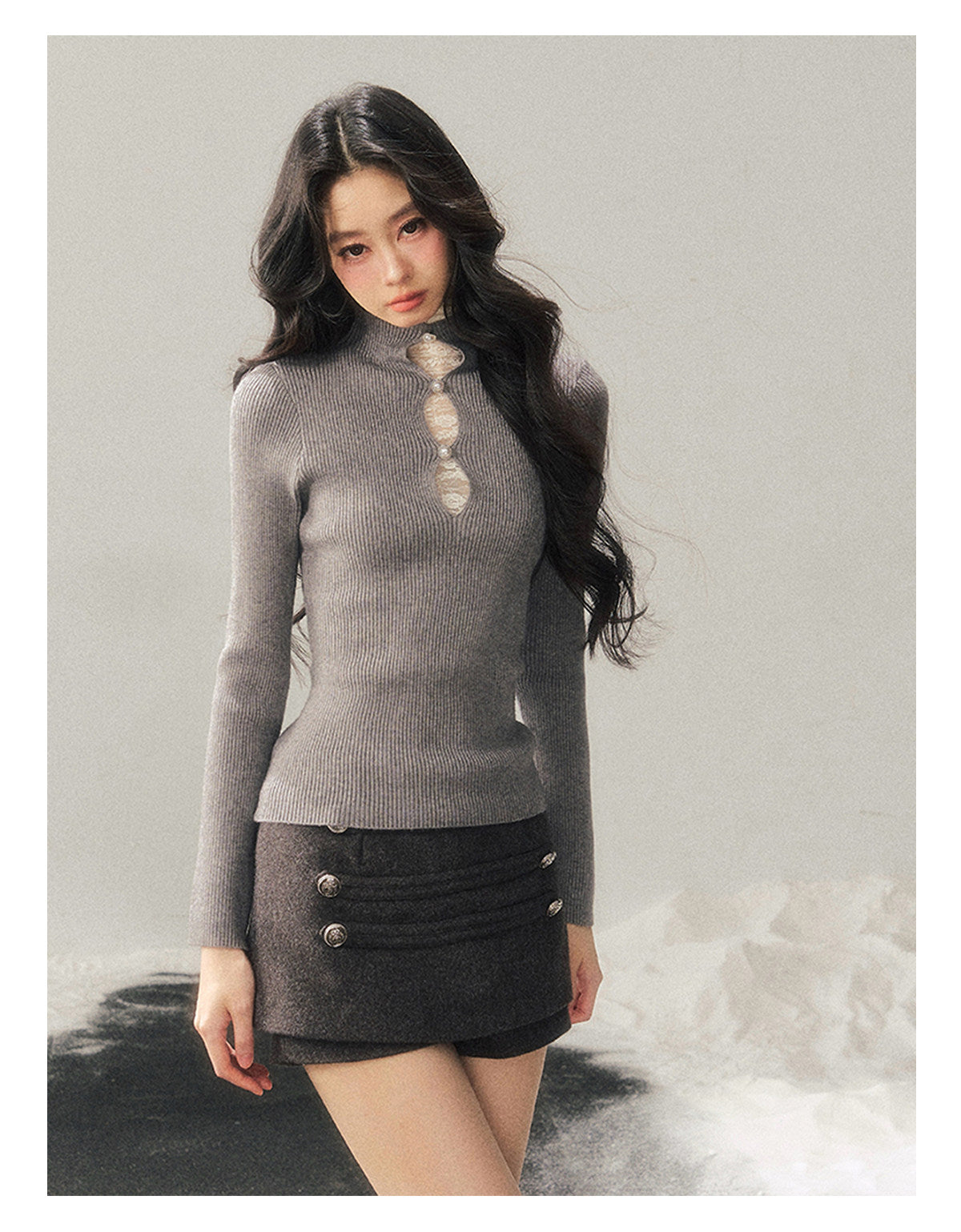 040126 "Lacewoven Dream" Mock Neck Layered Lace Knit Top - High-Intellect Gray
