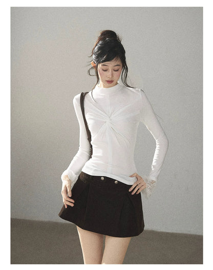 AOMALM - “Pleated Afterglow” Creamy Almond Twist-Front Mock Neck Long-Sleeve Top