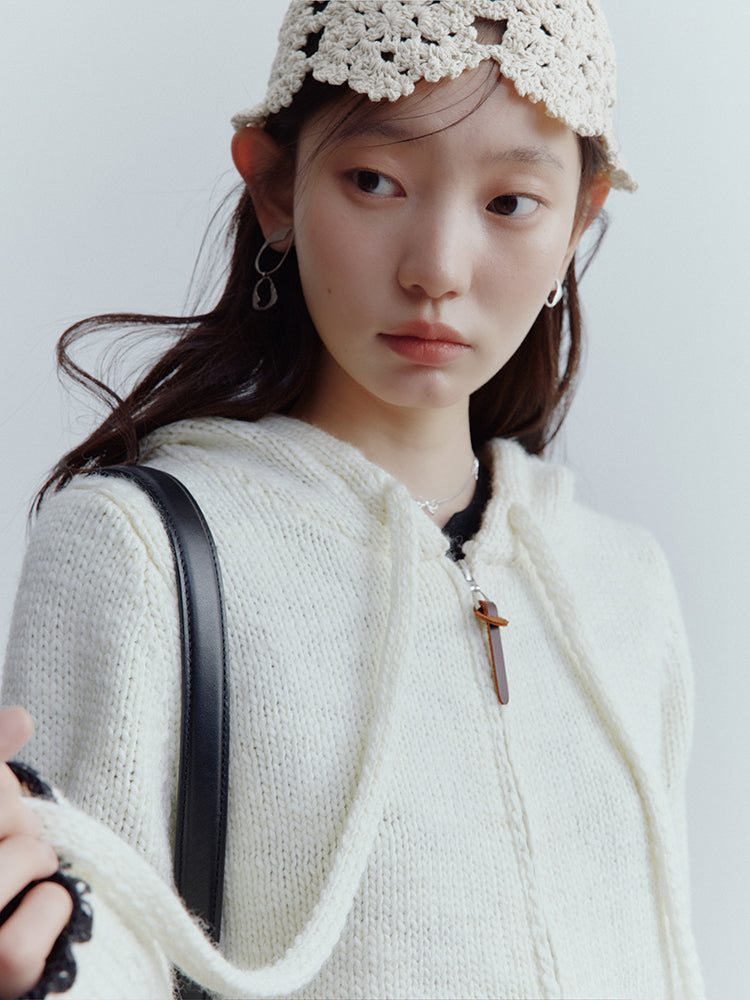 FUSSED Almond Cream Cropped Hooded Knit Jacket with Contrast Shell Embroidery FOF-25SS174
