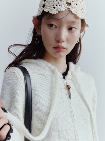 FUSSED Almond Cream Cropped Hooded Knit Jacket with Contrast Shell Embroidery FOF-25SS174