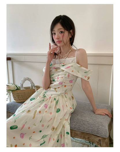 “Verdant Orchard Reverie” Beige Fruit Print Off-Shoulder Dress