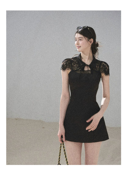 "Moonlit Rose Sonata" Tranquil Black Lace Mini Dress & Cape Set