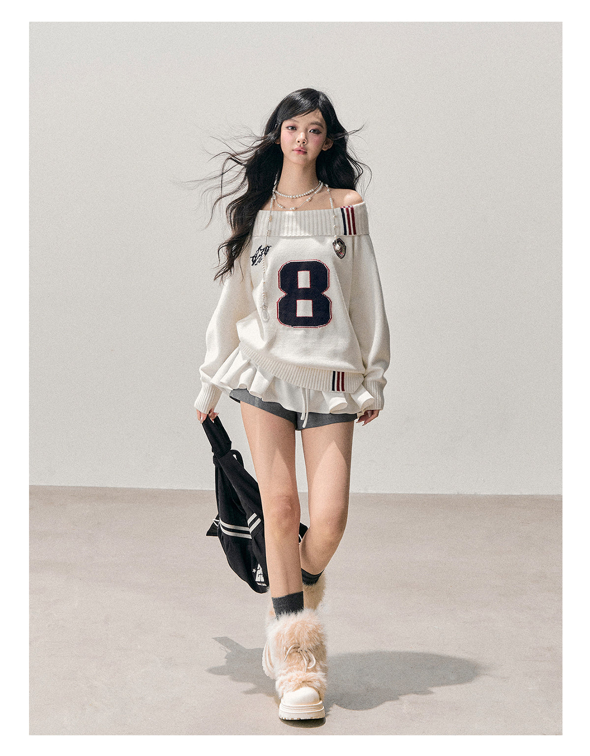 少也眼 “Frost-White Wallcorners” Off-Shoulder Knit Sweater