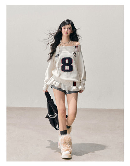 少也眼 “Frost-White Wallcorners” Off-Shoulder Knit Sweater