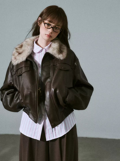 LOST FOREST - Pink-Brown Faux Leather Moto Jacket with Plaid Wool Collar