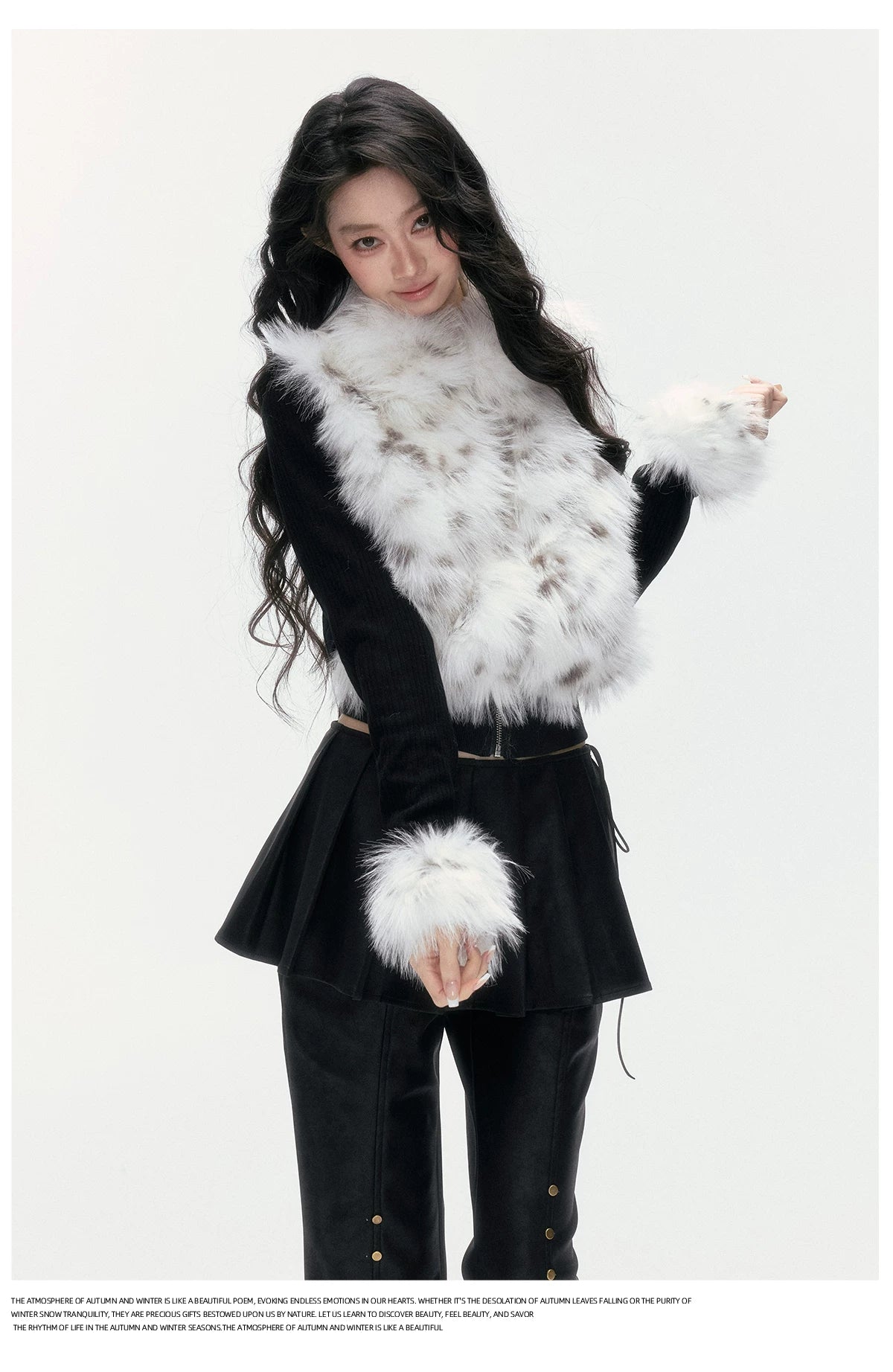 24olvides - Colorblock Faux Fur Jacket with Knit Sleeves