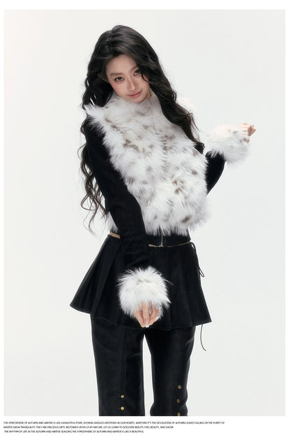 24olvides - Colorblock Faux Fur Jacket with Knit Sleeves