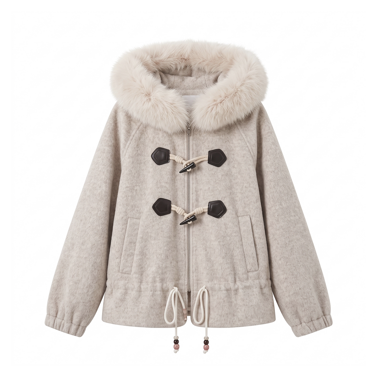 CAN - "Frosted Cloud Reverie" Beige Gray Detachable Faux-Fur Collar Wool-Blend Jacket
