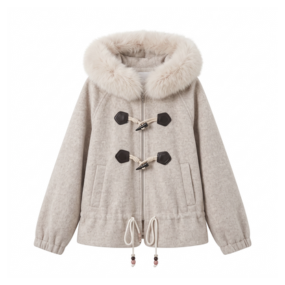 CAN - "Frosted Cloud Reverie" Beige Gray Detachable Faux-Fur Collar Wool-Blend Jacket