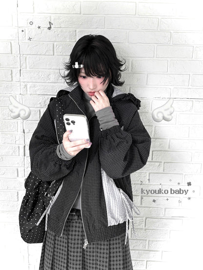 "Cold Air" Black Padded Jacket / Base Layer Top / Polka Dots Skirt / Sweatpants Set