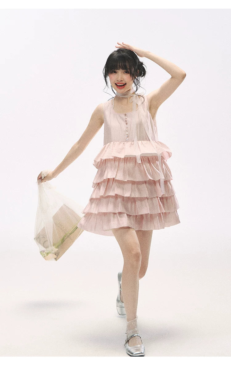 "Misty Pink Reverie" Petal Pink Lace Tie Tiered Sleeveless Dress
