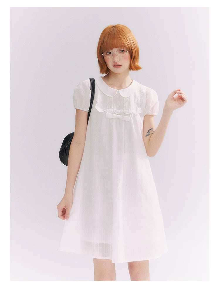 “Lace Sleep Song” White Embroidered Puff Sleeve Babydoll Dress