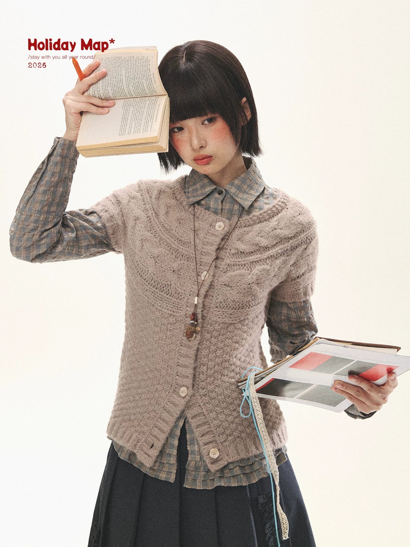 "Rice Knit" Wool-Blend Short Sleeve Knit Cardigan (Moss Coffee Green/ Dusk Dusty Pink)