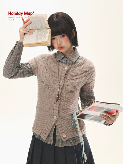 "Rice Knit" Wool-Blend Short Sleeve Knit Cardigan (Moss Coffee Green/ Dusk Dusty Pink)
