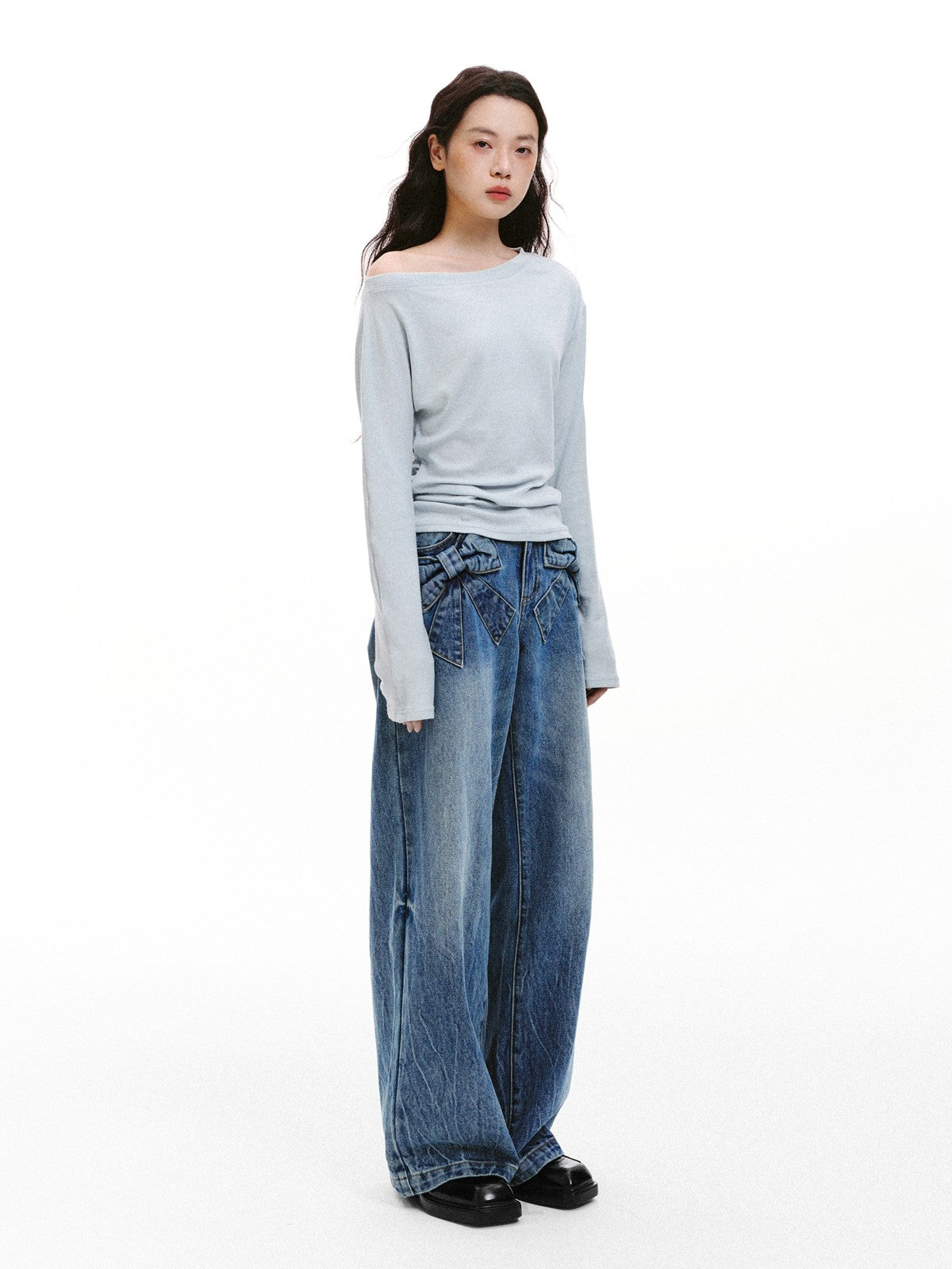 “Bow Pocket Wash” Wide-Leg Loose Denim Jeans - Blue ML6661