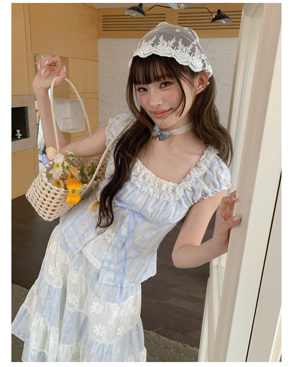 “Sea Salt Reverie” Blue Square Neck Blouse & Lace Tiered Maxi Skirt