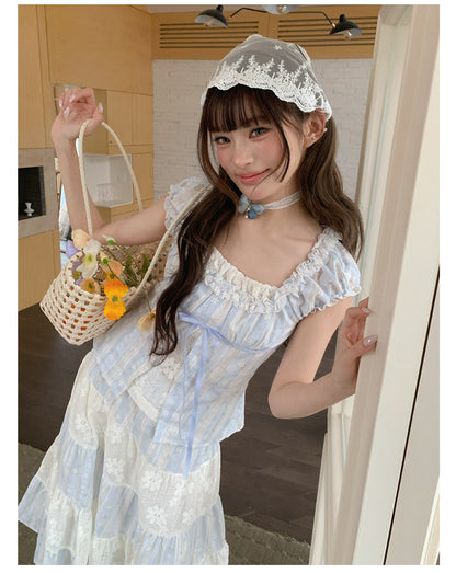 “Sea Salt Reverie” Blue Square Neck Blouse & Lace Tiered Maxi Skirt