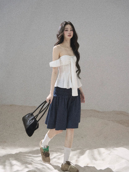 "Lazy Soliloquy" White Peplum Top & Wide-Leg Pants Set