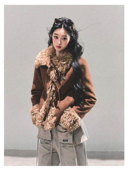 少也眼 “She Melted Into Winter" Faux Shearling Warm Jacket - Coffee Brown