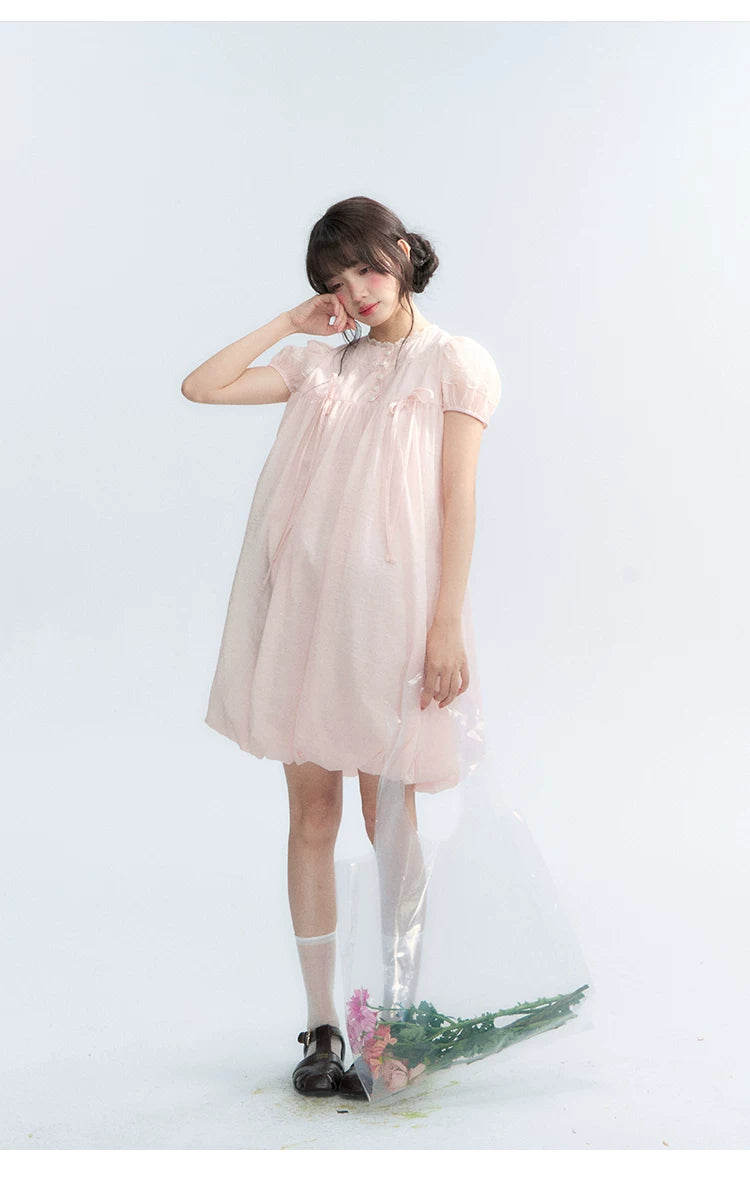 "Little Princess" Strawberry Pink Lace Bow Bubble Hem Midi Dress