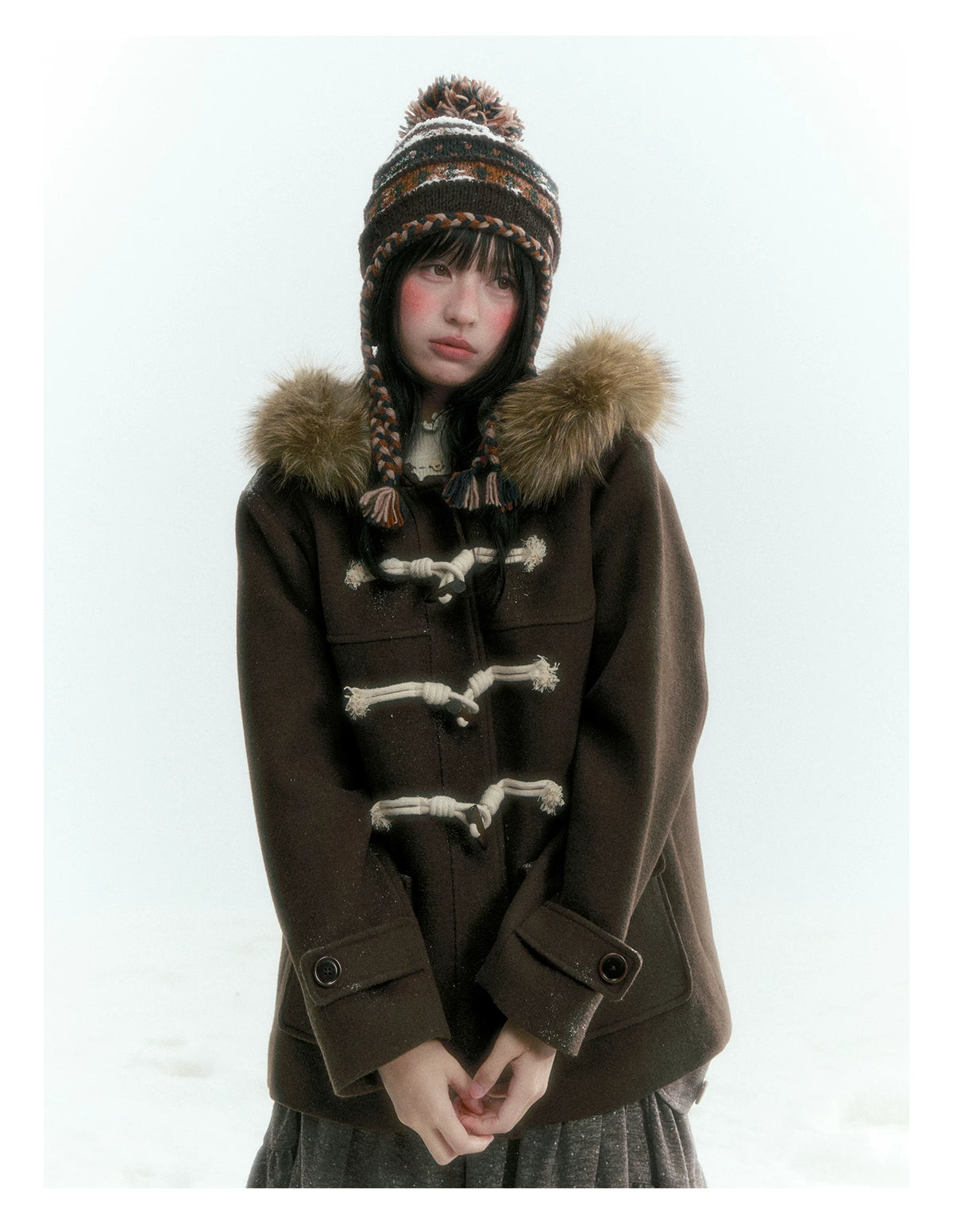 Horridale - Dark Coffee Brown Cropped Hooded Toggle Coat with Detachable Faux Fur Collar