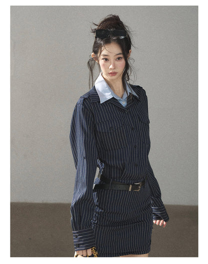 170726 "The Island and the Whale" Deep Slate Gray Layered Stripe Shirt Dress with Belt