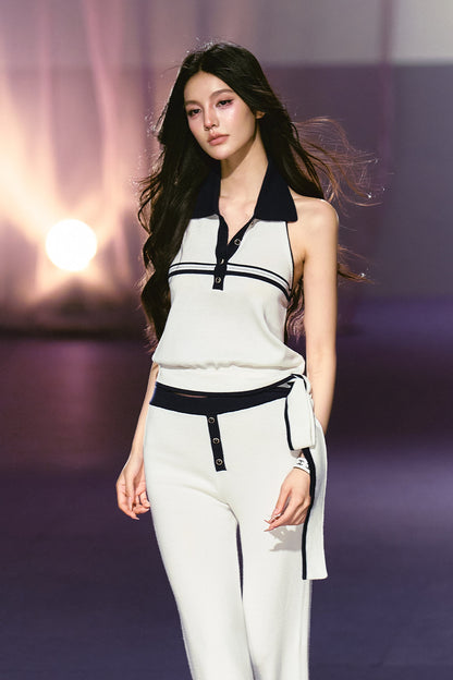 "Coastal Ease" Ivory Halter Knit Top & Contrast Knit Flare Pants Set