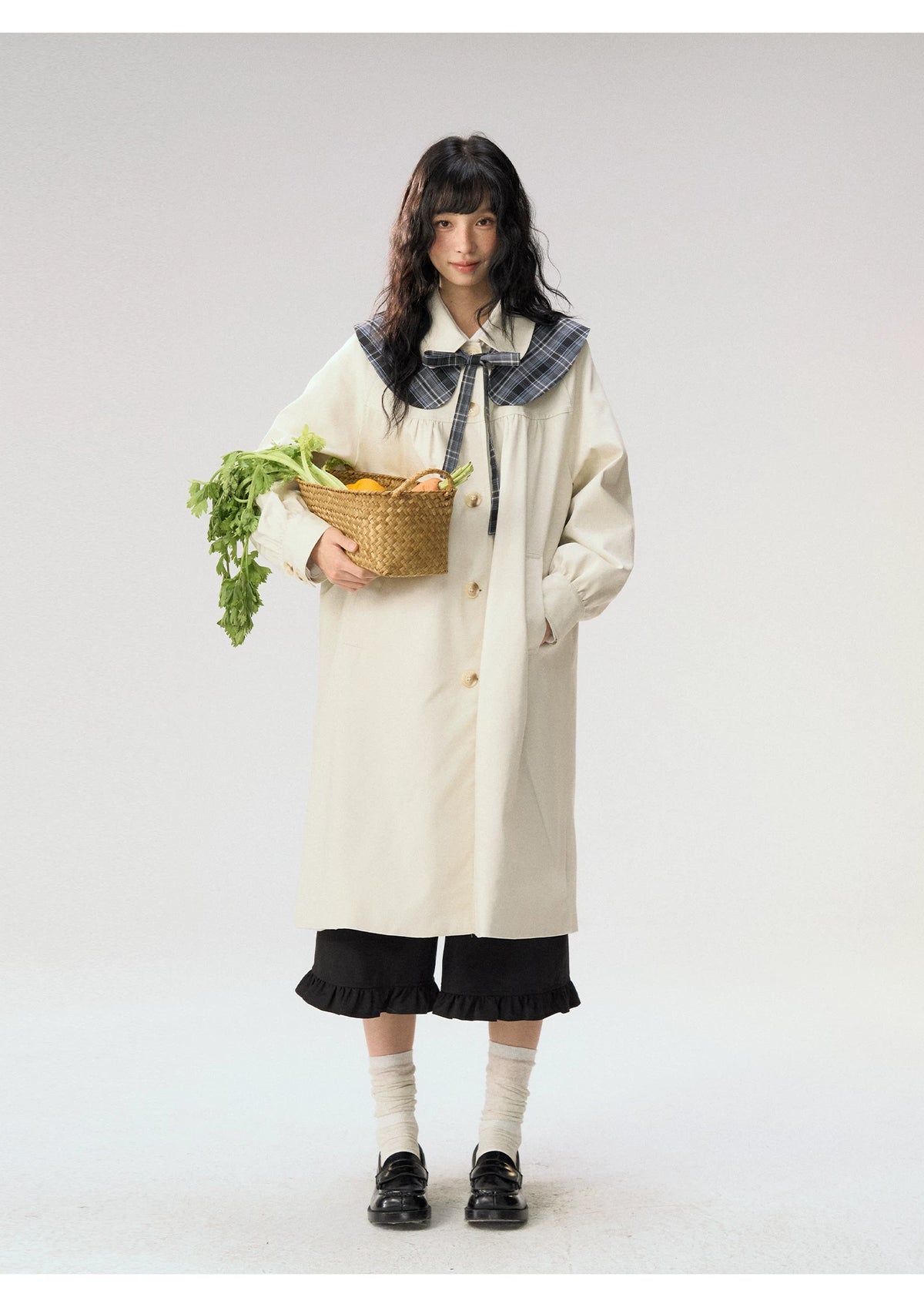 [CAN] “Oat Check Collar” Apricot Bow Cape Collar Trench Coat