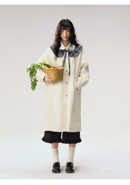 [CAN] “Oat Check Collar” Apricot Bow Cape Collar Trench Coat