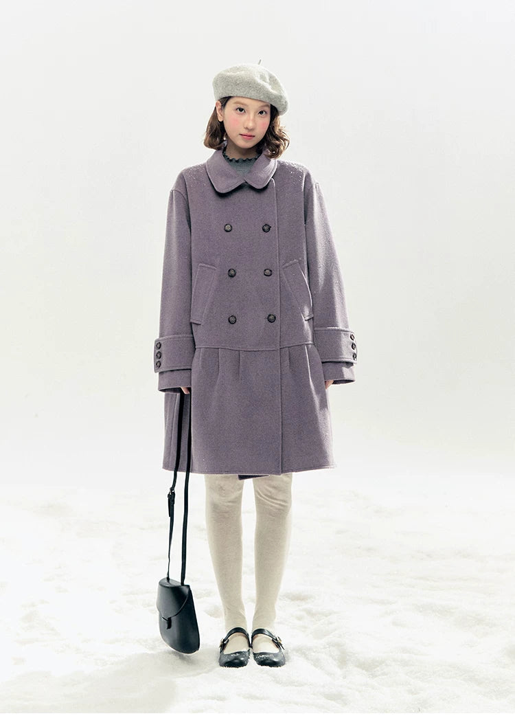 "Winter Chime" Double-Breasted Quilted Wool-Blend Coat (Smoky Purple/ Ash Gray)