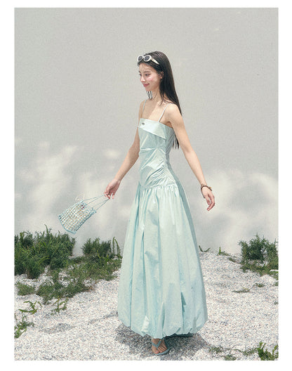 “She Passed Through Bloom Season” Glacier Blue Bubble Maxi Dress