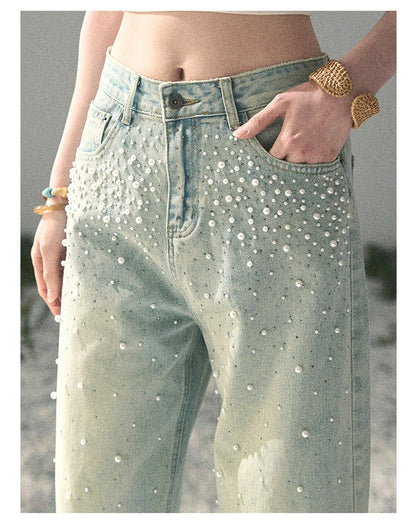 “Blue Shimmer Notes” Vintage Blue Embellished Wide-Leg Jeans