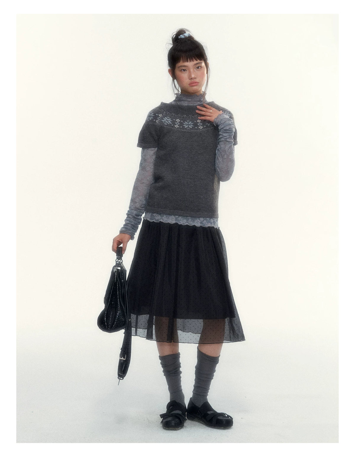 Deep Gray Fair Isle Short-Sleeve Knit Sweater